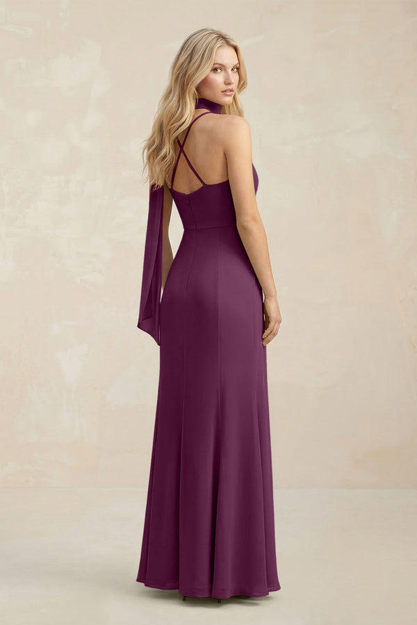 Cowl Neck Sheath Chiffon Maxi Bridesmaid Dress With Ribbon in Fig - KissProm Bridesmaid Dresses