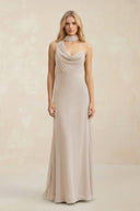 Cowl Neck Sheath Chiffon Maxi Bridesmaid Dress With Ribbon in Frost - KissProm Bridesmaid Dresses