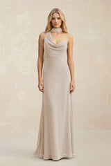 Cowl Neck Sheath Chiffon Maxi Bridesmaid Dress With Ribbon in Frost - KissProm Bridesmaid Dresses