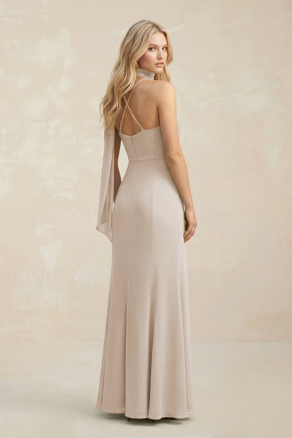 Cowl Neck Sheath Chiffon Maxi Bridesmaid Dress With Ribbon in Frost - KissProm Bridesmaid Dresses
