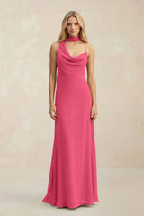 Cowl Neck Sheath Chiffon Maxi Bridesmaid Dress With Ribbon in Fuchsia - KissProm Bridesmaid Dresses