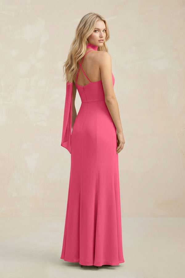 Cowl Neck Sheath Chiffon Maxi Bridesmaid Dress With Ribbon in Fuchsia - KissProm Bridesmaid Dresses