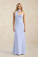 Cowl Neck Sheath Chiffon Maxi Bridesmaid Dress With Ribbon in Ice - KissProm Bridesmaid Dresses
