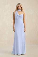 Cowl Neck Sheath Chiffon Maxi Bridesmaid Dress With Ribbon in Ice - KissProm Bridesmaid Dresses