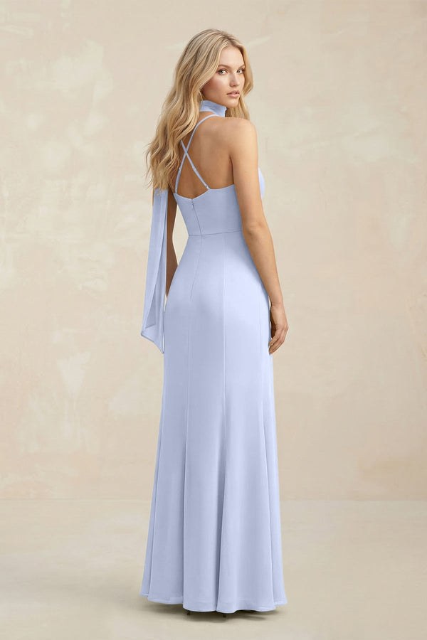 Cowl Neck Sheath Chiffon Maxi Bridesmaid Dress With Ribbon in Ice - KissProm Bridesmaid Dresses
