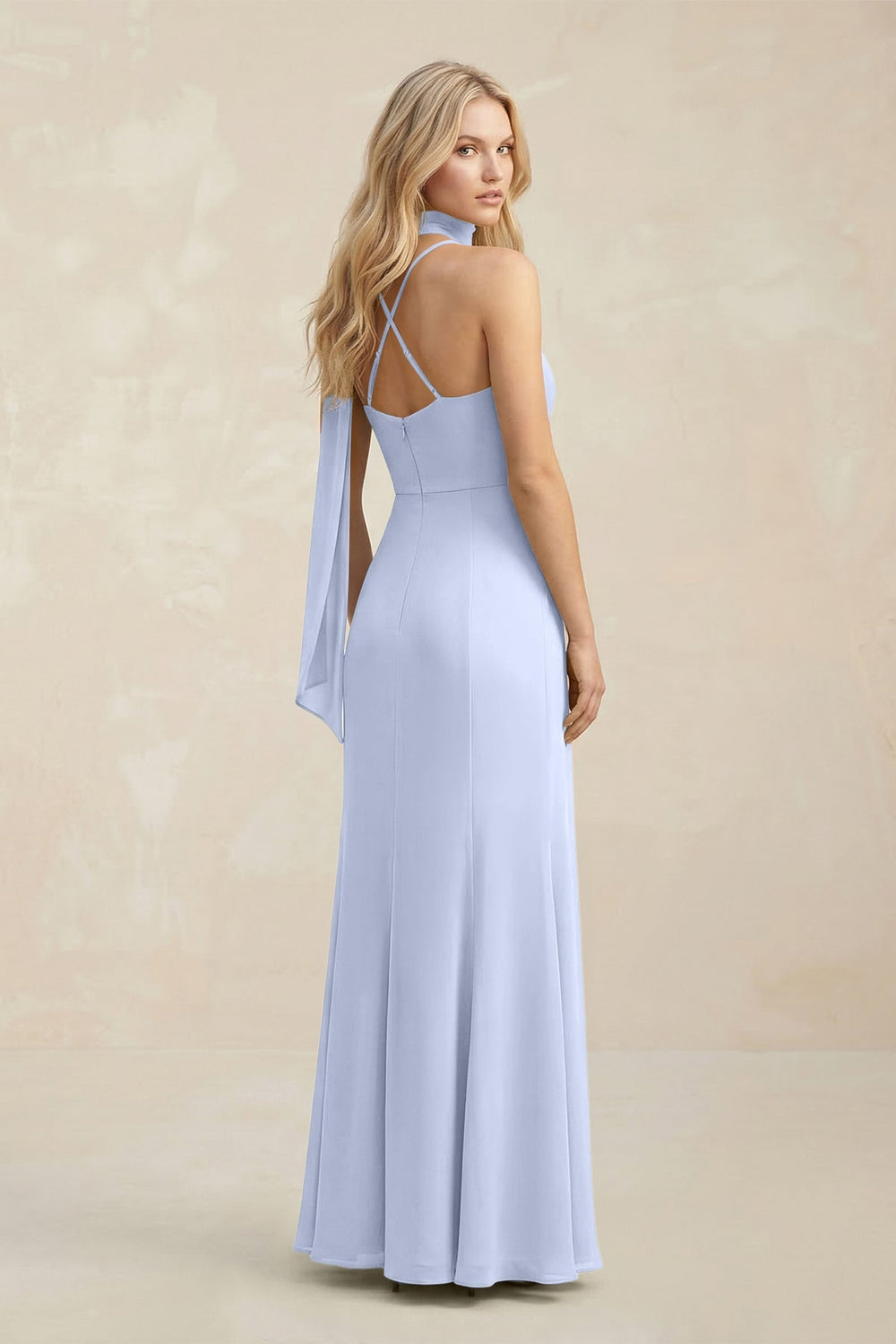 Cowl Neck Sheath Chiffon Maxi Bridesmaid Dress With Ribbon in Ice - KissProm Bridesmaid Dresses