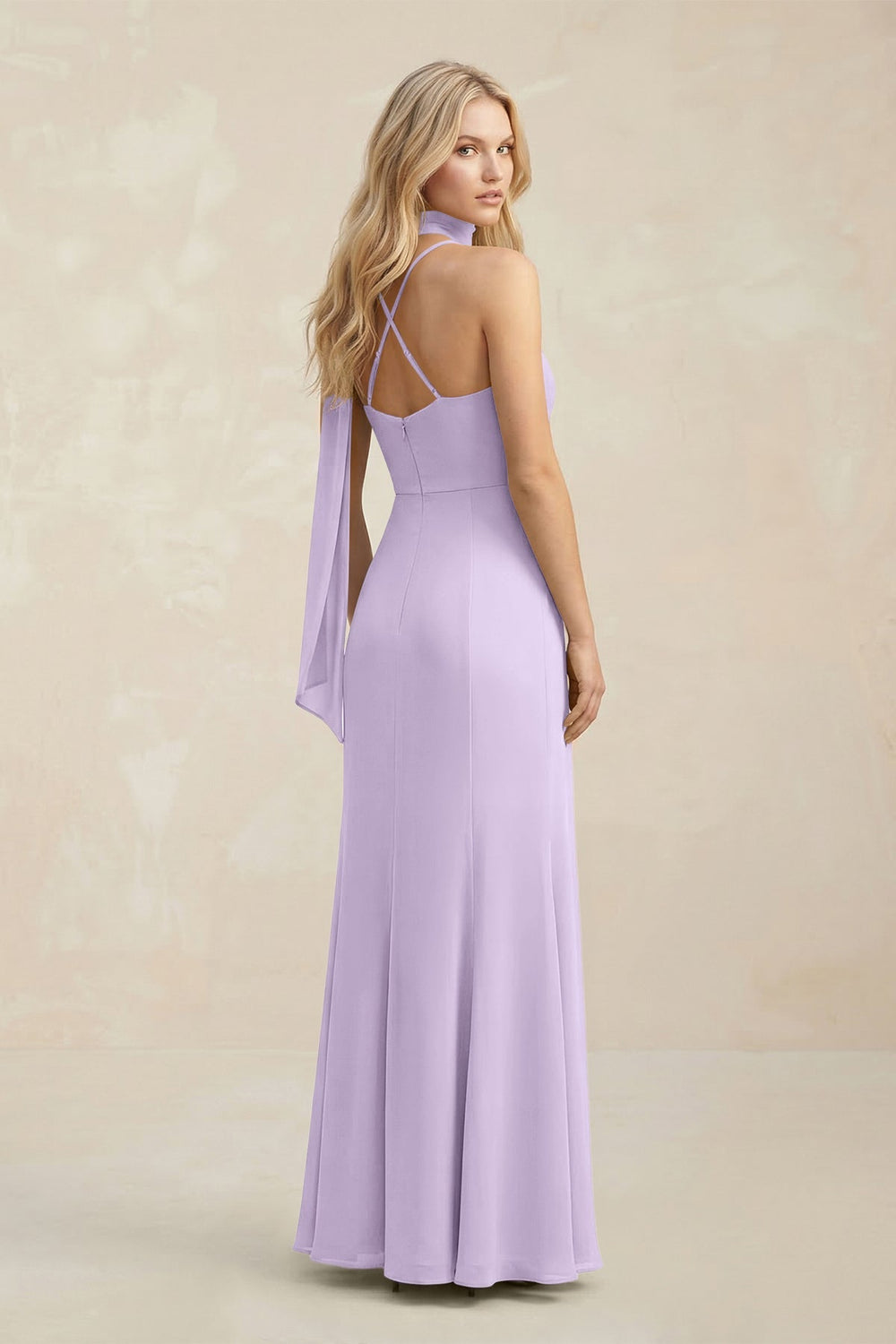 Cowl Neck Sheath Chiffon Maxi Bridesmaid Dress With Ribbon in Lavender - KissProm Bridesmaid Dresses