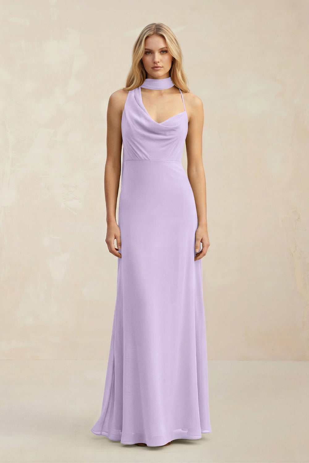 Cowl Neck Sheath Chiffon Maxi Bridesmaid Dress With Ribbon in Lavender - KissProm Bridesmaid Dresses