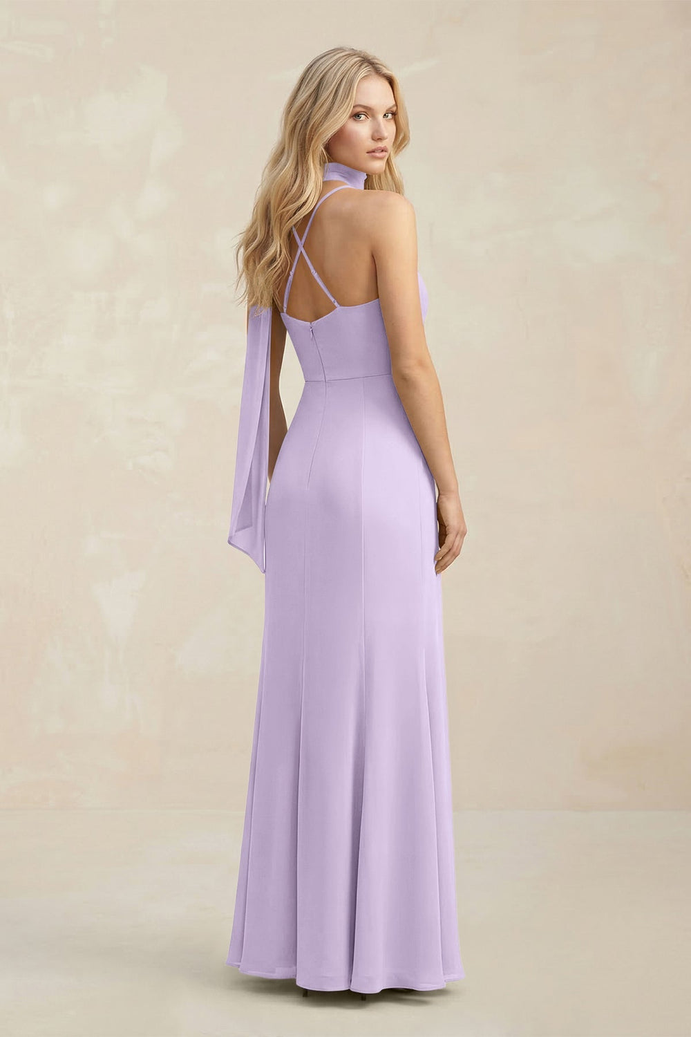Cowl Neck Sheath Chiffon Maxi Bridesmaid Dress With Ribbon in Lavender - KissProm Bridesmaid Dresses