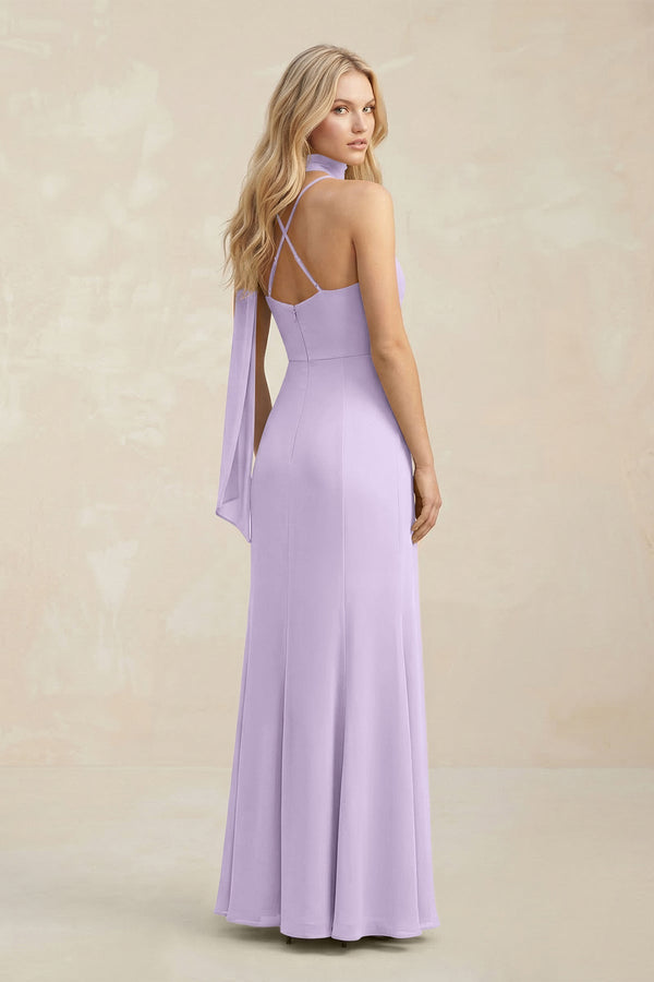 Cowl Neck Sheath Chiffon Maxi Bridesmaid Dress With Ribbon in Lavender - KissProm Bridesmaid Dresses
