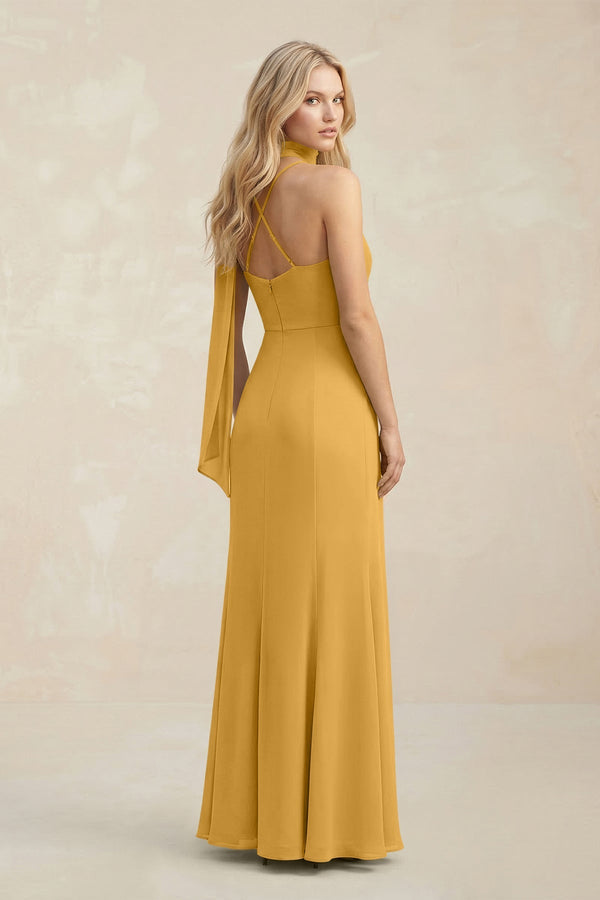 KissProm | Cowl Neck Sheath Chiffon Maxi Bridesmaid Dress With Ribbon in  Marigold