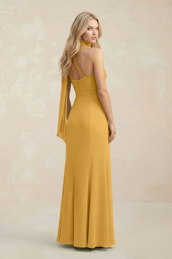 Cowl Neck Sheath Chiffon Maxi Bridesmaid Dress With Ribbon in Marigold - KissProm Bridesmaid Dresses