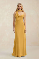 Cowl Neck Sheath Chiffon Maxi Bridesmaid Dress With Ribbon in Marigold - KissProm Bridesmaid Dresses