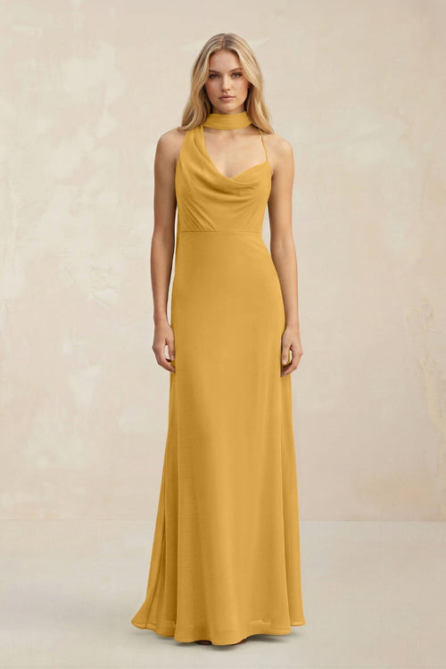 Cowl Neck Sheath Chiffon Maxi Bridesmaid Dress With Ribbon in Marigold - KissProm Bridesmaid Dresses