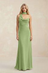 Cowl Neck Sheath Chiffon Maxi Bridesmaid Dress With Ribbon in Matcha - KissProm Bridesmaid Dresses