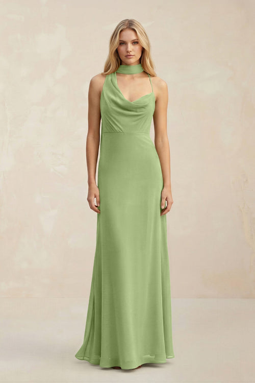 Cowl Neck Sheath Chiffon Maxi Bridesmaid Dress With Ribbon in Matcha - KissProm Bridesmaid Dresses