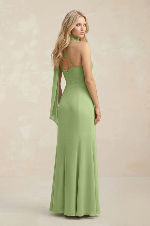 Cowl Neck Sheath Chiffon Maxi Bridesmaid Dress With Ribbon in Matcha - KissProm Bridesmaid Dresses
