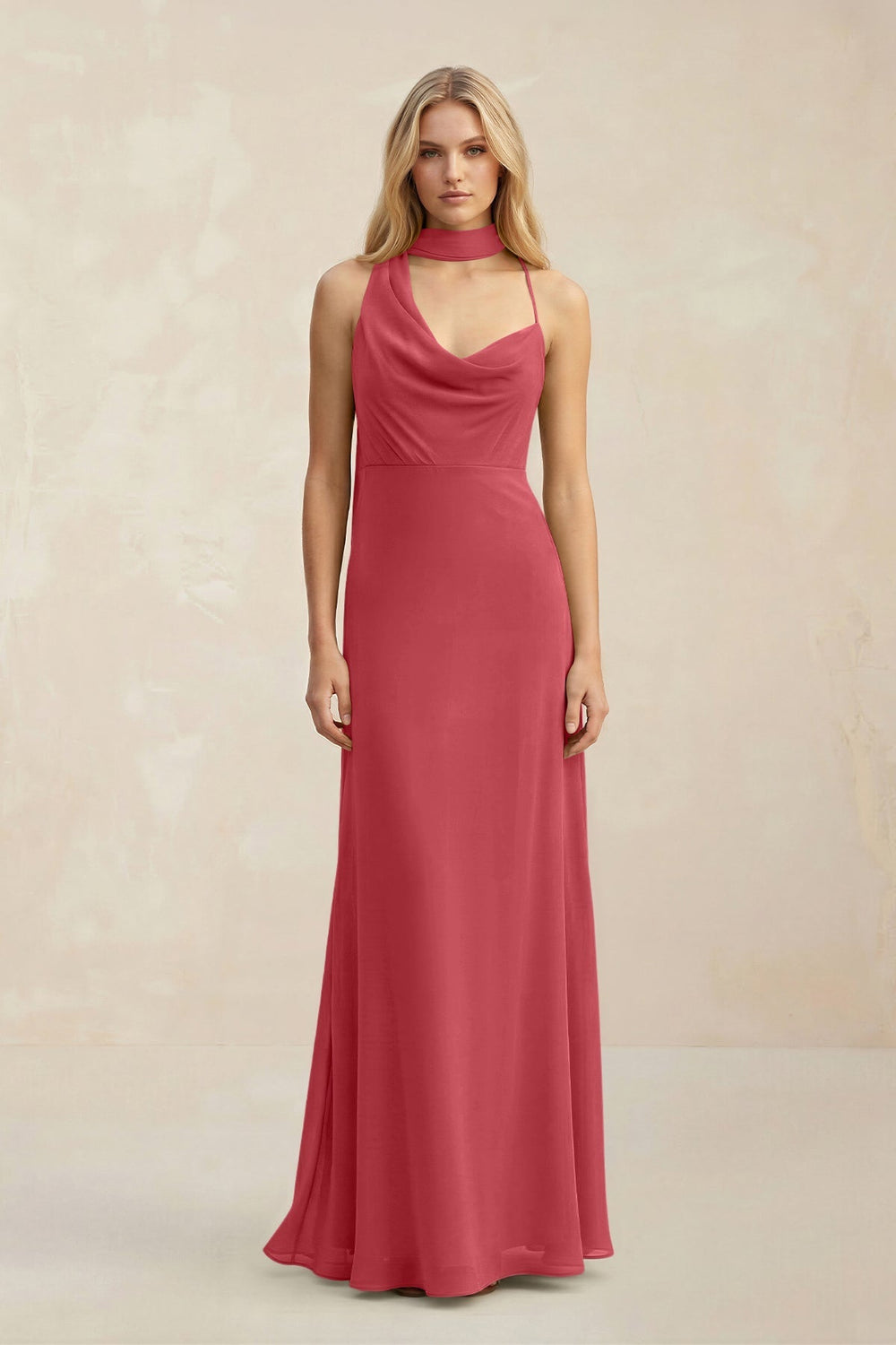 Cowl Neck Sheath Chiffon Maxi Bridesmaid Dress With Ribbon in Merlot - KissProm Bridesmaid Dresses