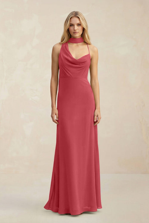 Cowl Neck Sheath Chiffon Maxi Bridesmaid Dress With Ribbon in Merlot - KissProm Bridesmaid Dresses