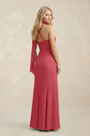 Cowl Neck Sheath Chiffon Maxi Bridesmaid Dress With Ribbon in Merlot - KissProm Bridesmaid Dresses