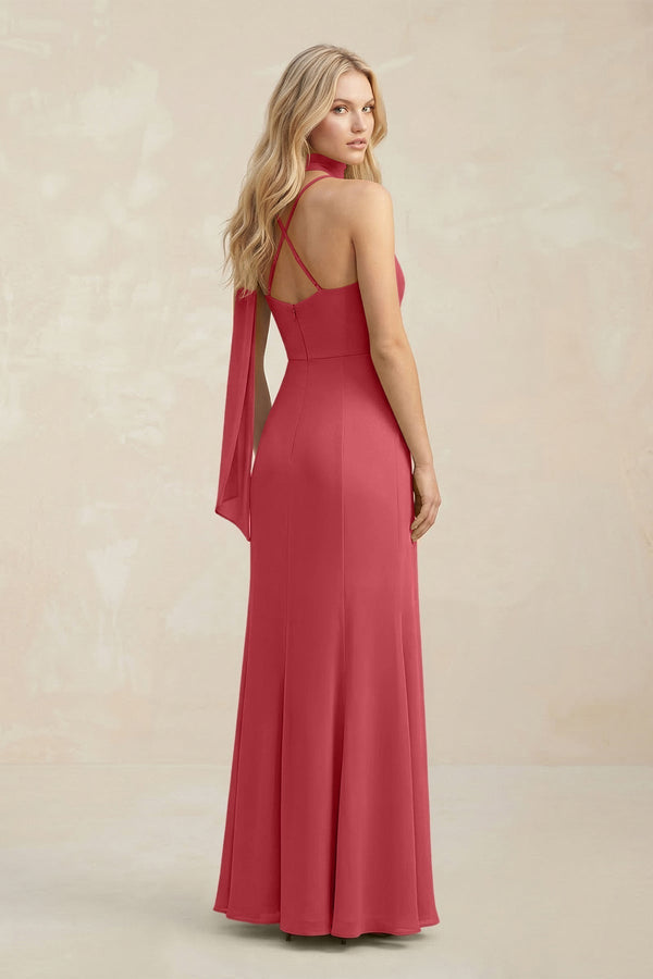 Cowl Neck Sheath Chiffon Maxi Bridesmaid Dress With Ribbon in Merlot - KissProm Bridesmaid Dresses