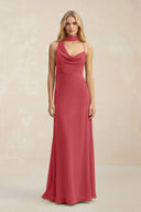Cowl Neck Sheath Chiffon Maxi Bridesmaid Dress With Ribbon in Merlot - KissProm Bridesmaid Dresses