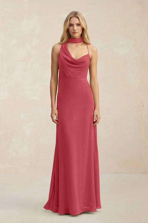 Cowl Neck Sheath Chiffon Maxi Bridesmaid Dress With Ribbon in Merlot - KissProm Bridesmaid Dresses