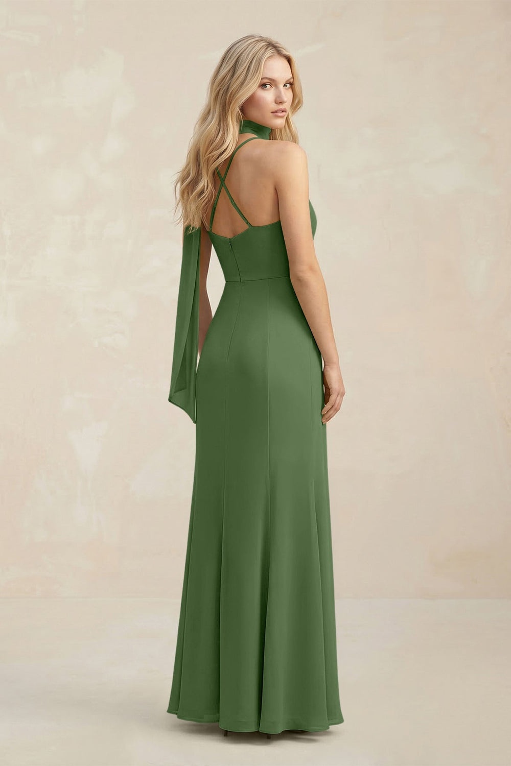 Cowl Neck Sheath Chiffon Maxi Bridesmaid Dress With Ribbon in Moss - KissProm Bridesmaid Dresses