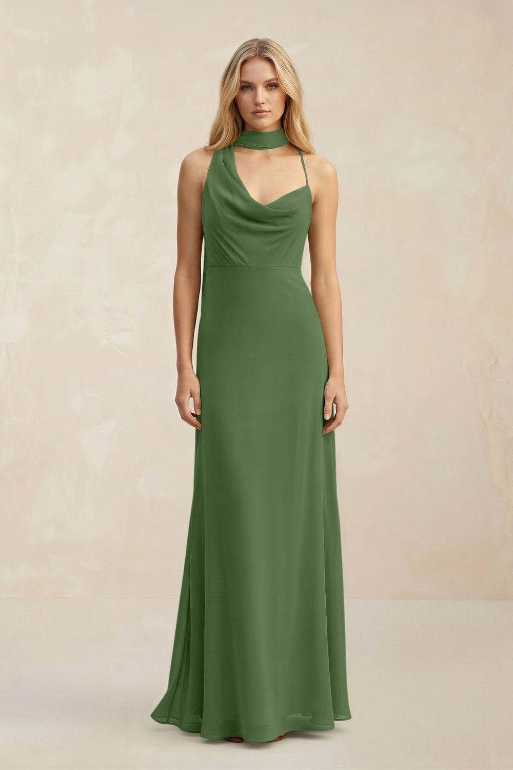 Cowl Neck Sheath Chiffon Maxi Bridesmaid Dress With Ribbon in Moss - KissProm Bridesmaid Dresses