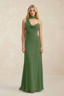 Cowl Neck Sheath Chiffon Maxi Bridesmaid Dress With Ribbon in Moss - KissProm Bridesmaid Dresses