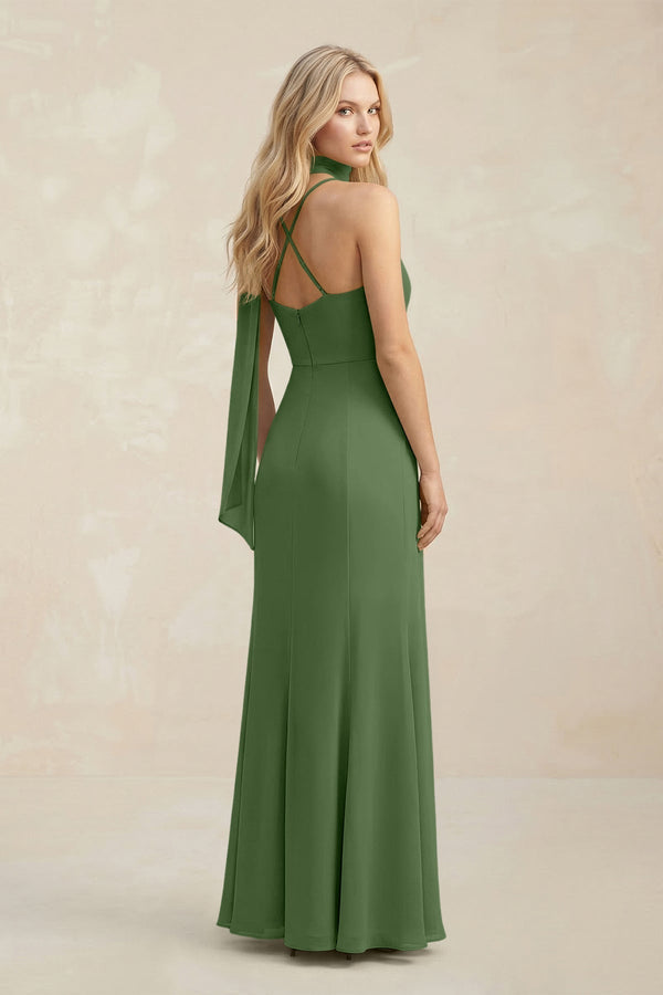 Cowl Neck Sheath Chiffon Maxi Bridesmaid Dress With Ribbon in Moss - KissProm Bridesmaid Dresses