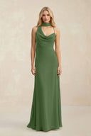 Cowl Neck Sheath Chiffon Maxi Bridesmaid Dress With Ribbon in Moss - KissProm Bridesmaid Dresses