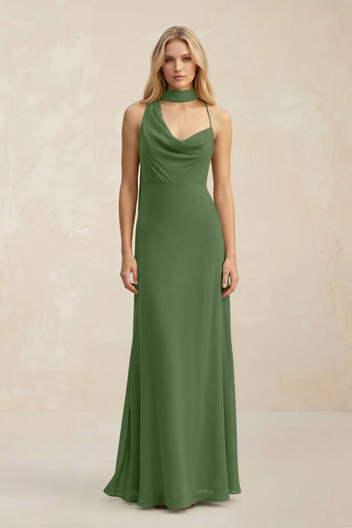 Cowl Neck Sheath Chiffon Maxi Bridesmaid Dress With Ribbon in Moss - KissProm Bridesmaid Dresses