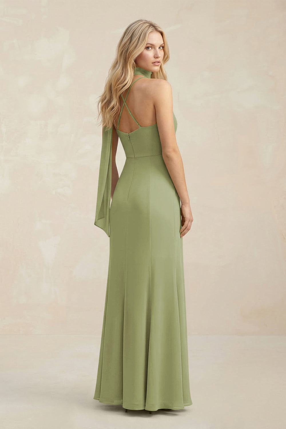 Cowl Neck Sheath Chiffon Maxi Bridesmaid Dress With Ribbon in Moss Green - KissProm Bridesmaid Dresses