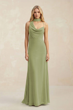 Cowl Neck Sheath Chiffon Maxi Bridesmaid Dress With Ribbon in Moss Green - KissProm Bridesmaid Dresses
