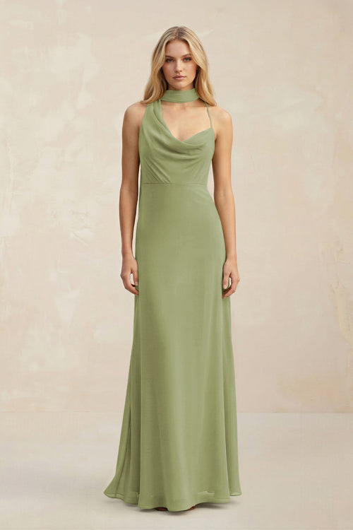 Cowl Neck Sheath Chiffon Maxi Bridesmaid Dress With Ribbon in Moss Green - KissProm Bridesmaid Dresses