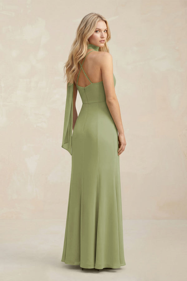 Cowl Neck Sheath Chiffon Maxi Bridesmaid Dress With Ribbon in Moss Green - KissProm Bridesmaid Dresses