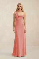 Cowl Neck Sheath Chiffon Maxi Bridesmaid Dress With Ribbon in Mulberry - KissProm Bridesmaid Dresses