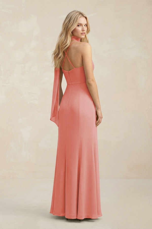 Cowl Neck Sheath Chiffon Maxi Bridesmaid Dress With Ribbon in Mulberry - KissProm Bridesmaid Dresses