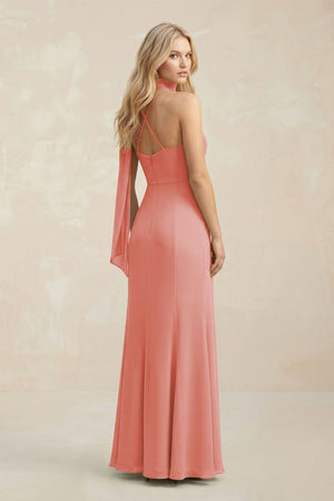 Cowl Neck Sheath Chiffon Maxi Bridesmaid Dress With Ribbon in Mulberry - KissProm Bridesmaid Dresses