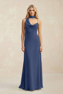 Cowl Neck Sheath Chiffon Maxi Bridesmaid Dress With Ribbon in Navy - KissProm Bridesmaid Dresses