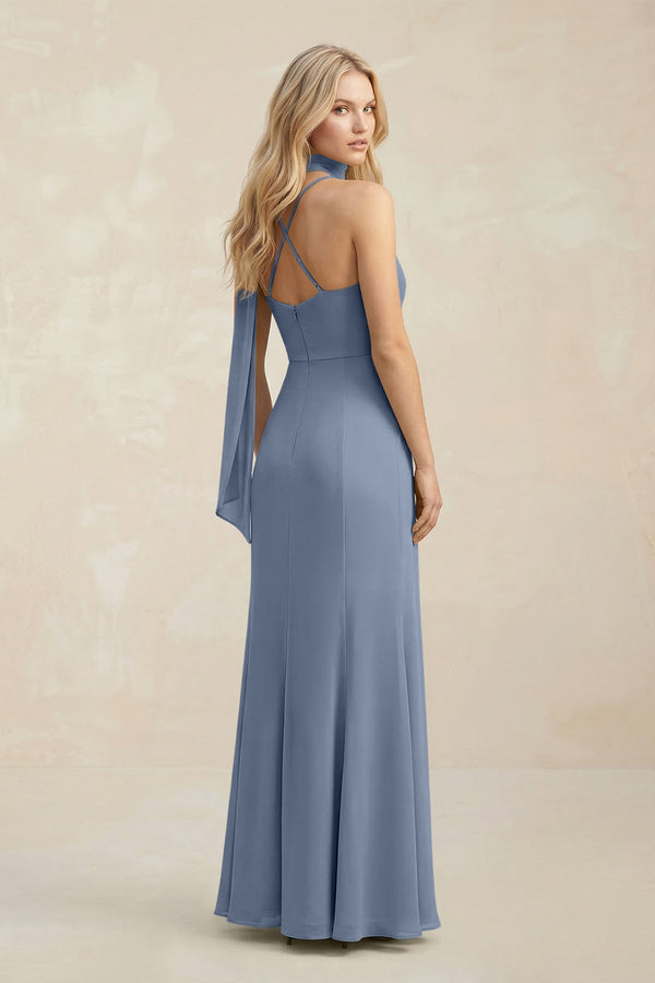Cowl Neck Sheath Chiffon Maxi Bridesmaid Dress With Ribbon in Neptune - KissProm Bridesmaid Dresses