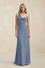 Cowl Neck Sheath Chiffon Maxi Bridesmaid Dress With Ribbon in Neptune - KissProm Bridesmaid Dresses