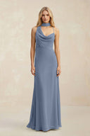 Cowl Neck Sheath Chiffon Maxi Bridesmaid Dress With Ribbon in Neptune - KissProm Bridesmaid Dresses