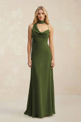 Cowl Neck Sheath Chiffon Maxi Bridesmaid Dress With Ribbon in Olive - KissProm Bridesmaid Dresses
