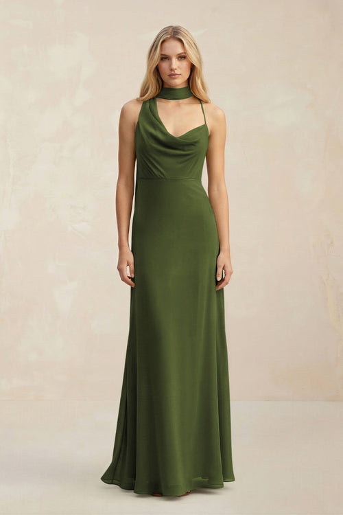 Cowl Neck Sheath Chiffon Maxi Bridesmaid Dress With Ribbon in Olive - KissProm Bridesmaid Dresses