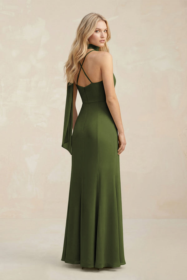Cowl Neck Sheath Chiffon Maxi Bridesmaid Dress With Ribbon in Olive - KissProm Bridesmaid Dresses