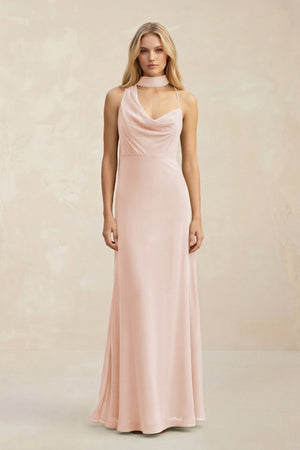 Cowl Neck Sheath Chiffon Maxi Bridesmaid Dress With Ribbon in Pale Blush - KissProm Bridesmaid Dresses