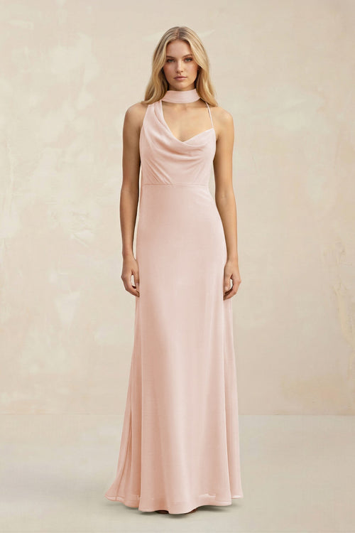 Cowl Neck Sheath Chiffon Maxi Bridesmaid Dress With Ribbon in Pale Blush - KissProm Bridesmaid Dresses