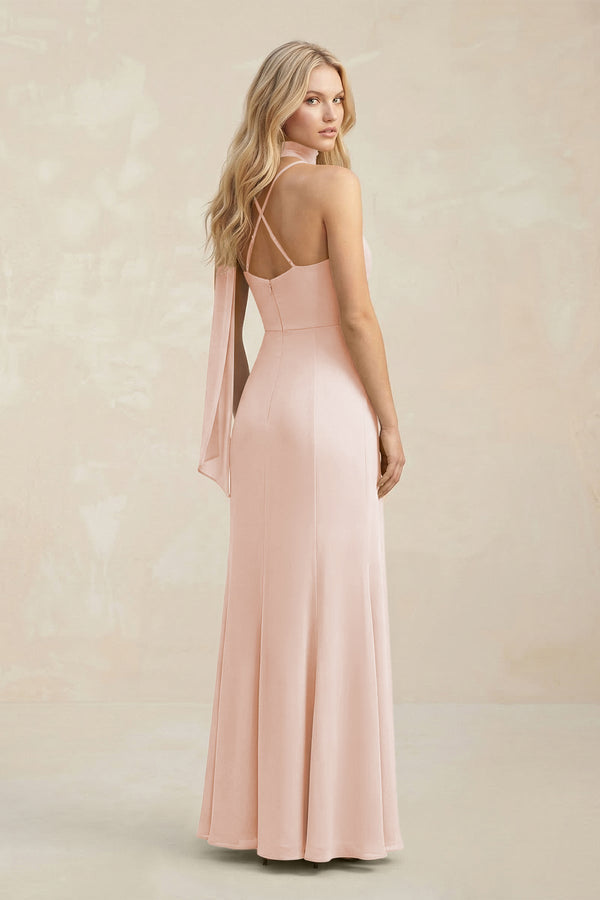 Cowl Neck Sheath Chiffon Maxi Bridesmaid Dress With Ribbon in Pale Blush - KissProm Bridesmaid Dresses